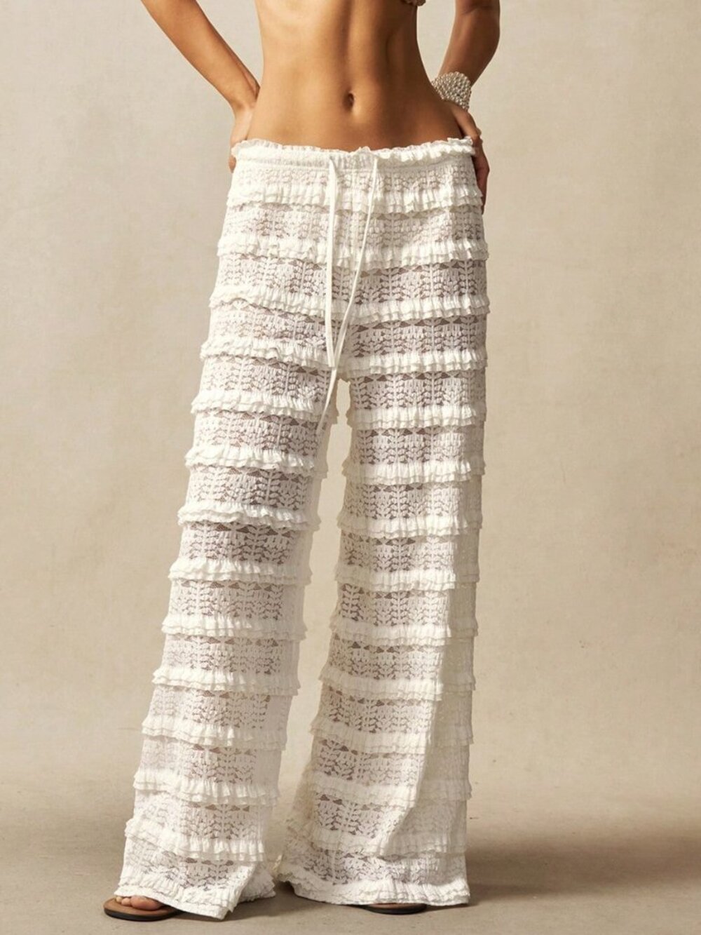 White Boho Casual Women's High Waist Wide Leg Knit Lace Frill Pants - Picture 7 of 8